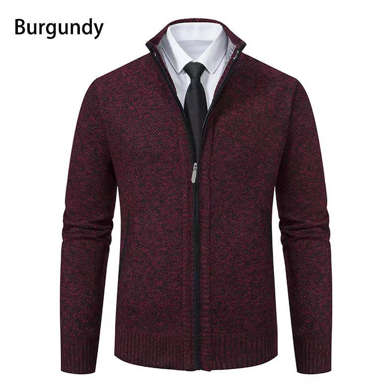 Men's Fleece-Lined Cardigan: Thick Knit Zipper Sweater with Stand-Up Collar for Autumn/Winter 2023