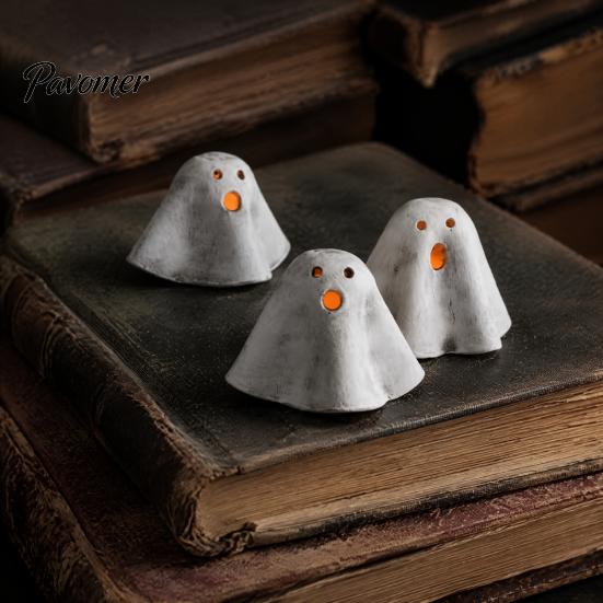 Decorative Ghost Statue Light Up Halloween Decoration, Cute Spooky Figurine with Unique Gift Warm LED for Indoor Mantel Fireplace Home Party