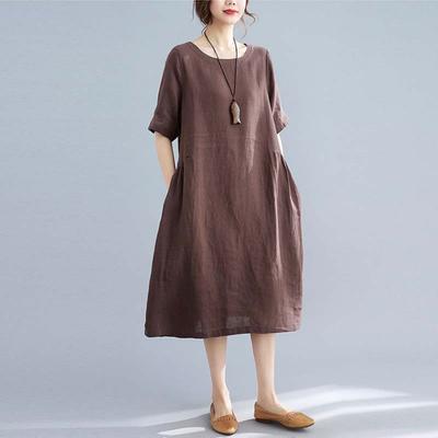 Robe mi-longue décontractée en coton et lin pour femme, tenue vintage unie, été, automne