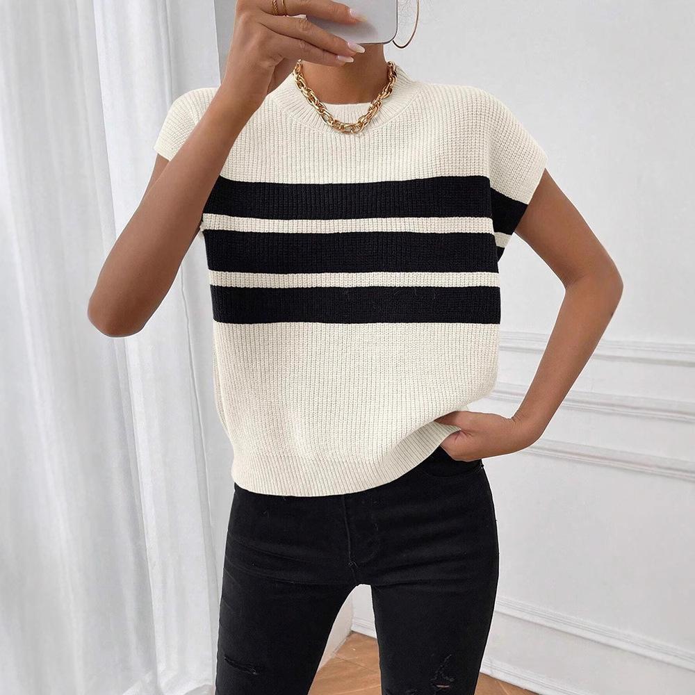 Women's Sleeveless Round Neck Color Block Stripe Knit Vest - Casual and Elegant Style
