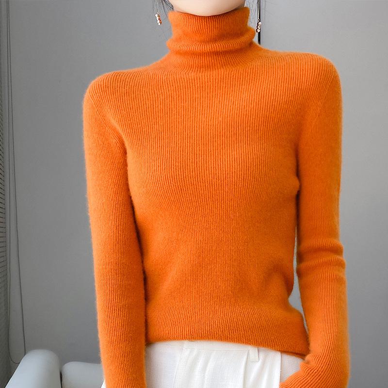 Damski sweter ze 100% wełny z wysokim dekoltem, dopasowany krój - Rozciągliwy kaszmirowy pulower na jesień/zimę