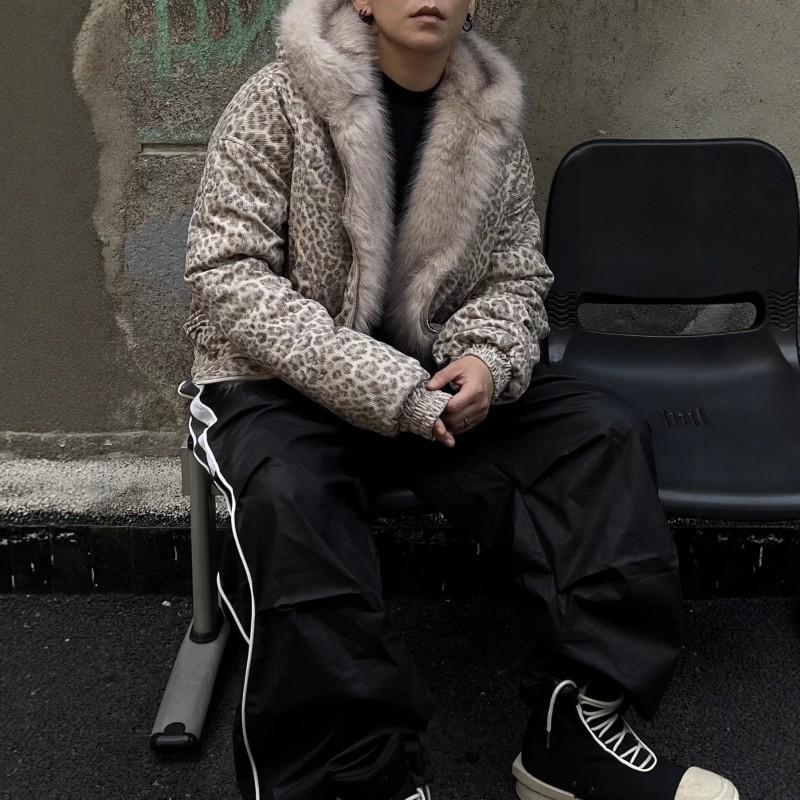 Vintage Thick Padded Winter Parka Men Women Leopard Print Hooded Coat With Fur Collar Loose Fit Casual Couple Outfit