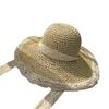 Women's Paper Grass Hat Korean Trendy Breathable Lace Bow Tie Hollow Fresh Windproof Bucket Straw Hat