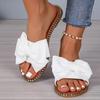 New flat-bottomed rhinestone bow one-word slippers for women to wear solid color light cloth cool slippers 2025