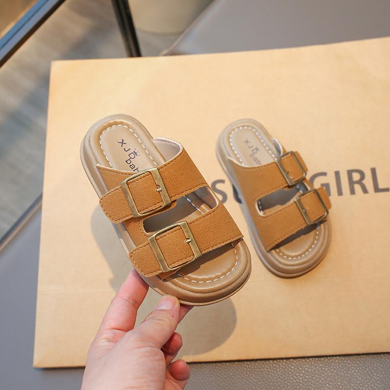 Children Retro Slippers Fashion Boys Girls Causal Shoes Open-toe Buckle Cool Kids Summer Beach Slippers Solid Color Simple New