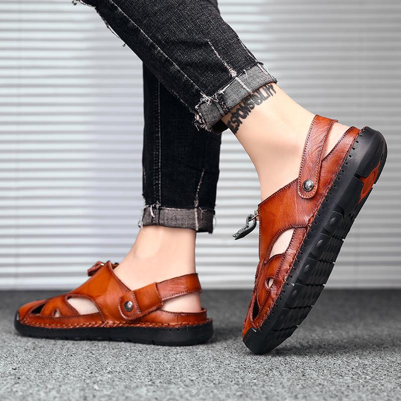 Men Outdoor Hiking Sandals Brown Leather Closed Toe Blue Beach Shoes Walking Handmade Sandals Plus Size