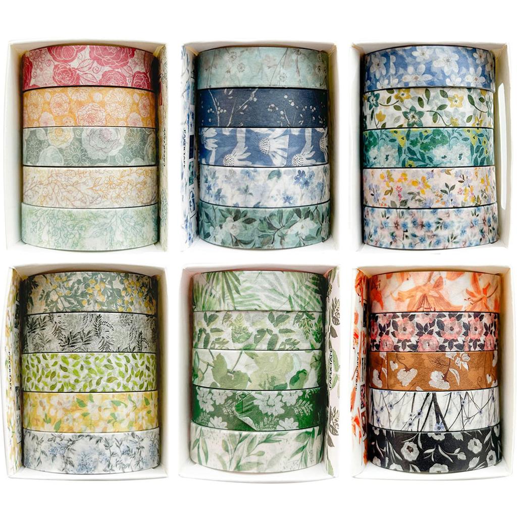 YUBX Masking Blooming Floral Washi Cute Thin Strips for DIY Gift and Gift Decorations of Tape, 30-Piece Set, Tape, Crafts, Journals, Planners,