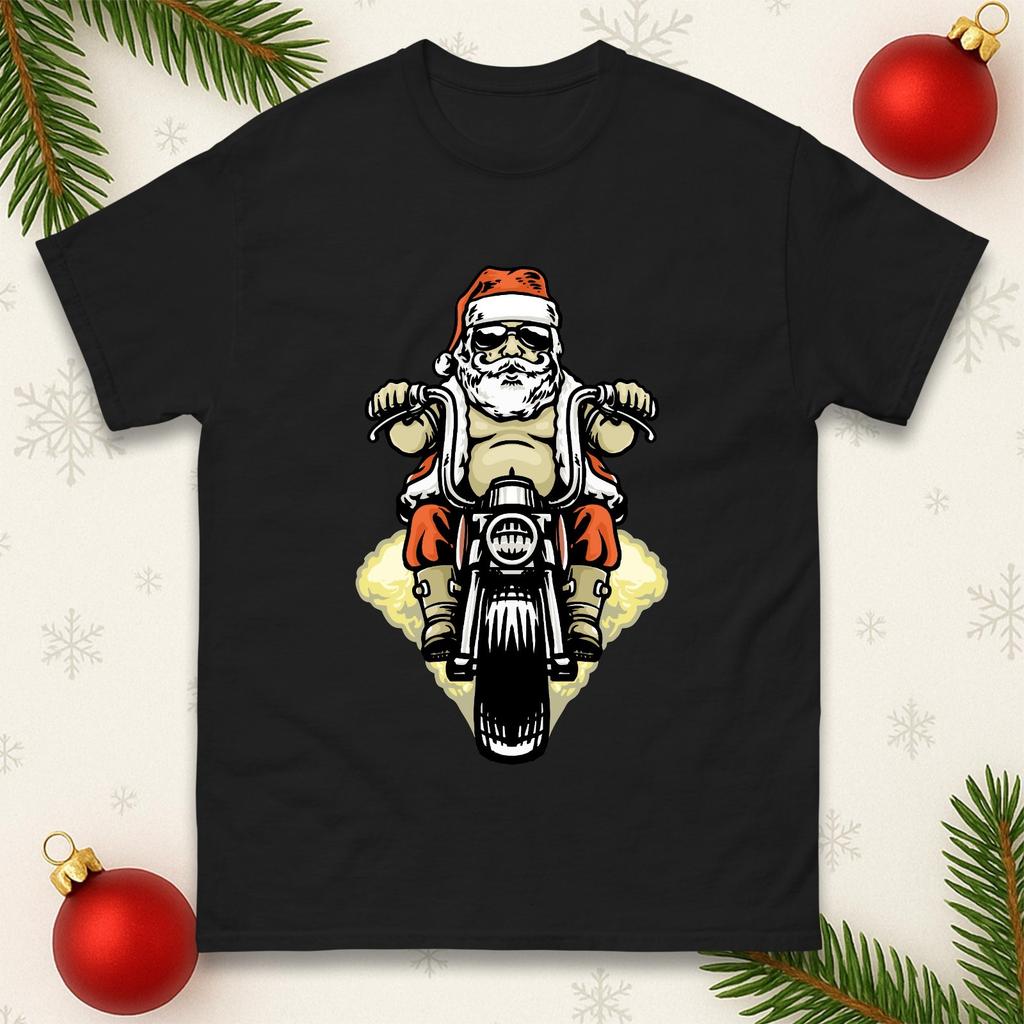 Santa Biker Christmas Tshirt Funny Cool Motorbike Rider Xmas Family Tee Top