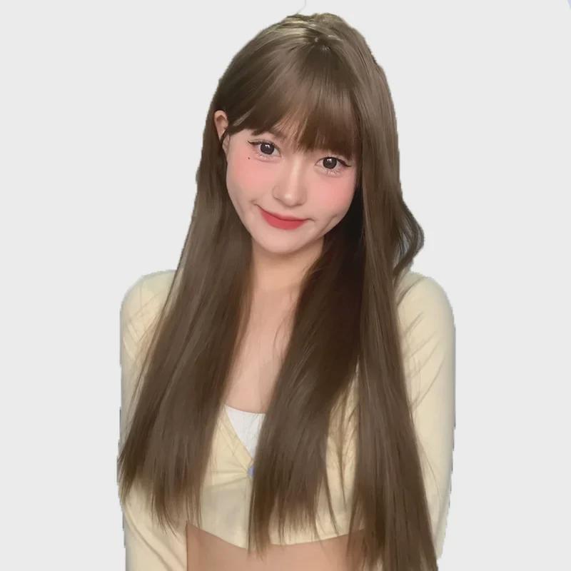 Natural Long Black Straight Wig with Air Bangs