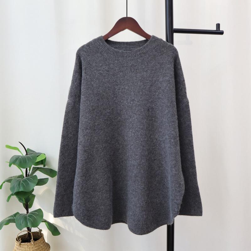 Thickened solid color medium and long knitted sweater top women's autumn and winter new loose soft waxy lazy wind sweater pullover
