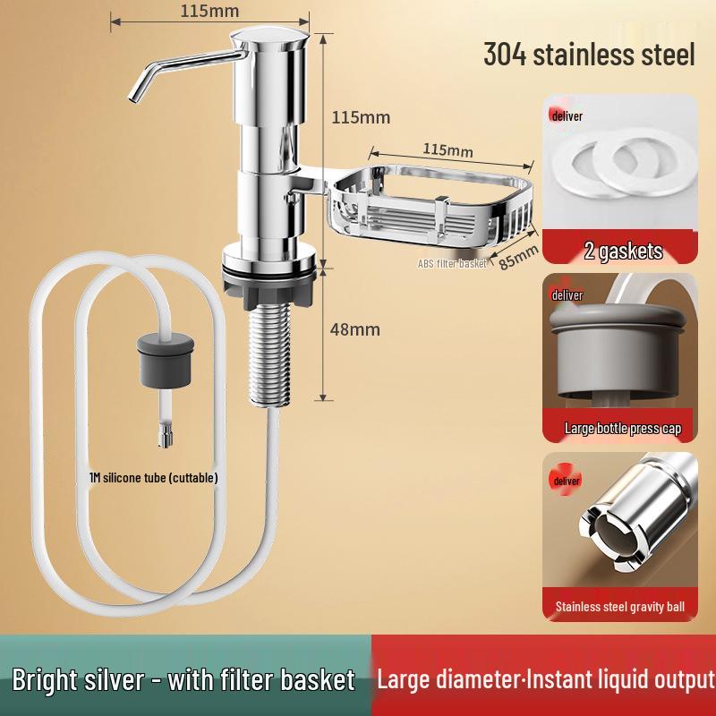 Space Aluminum Quick-Install Soap Dispenser with Extension Rod for Sink or Vegetable Washing Basin.