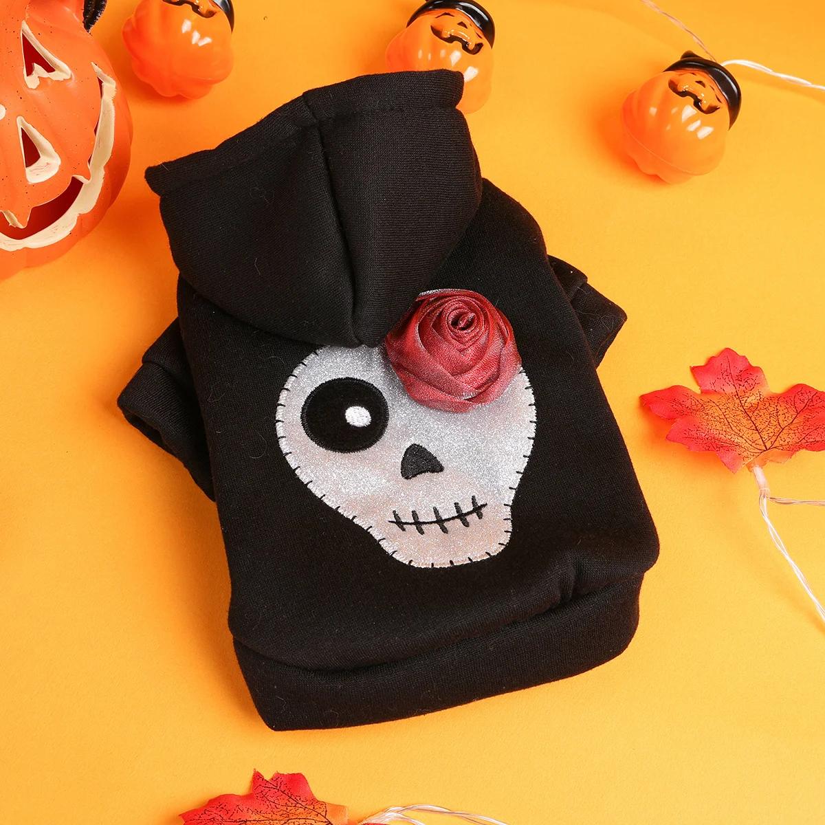

Pet Clothes Dog Cat Silver Skull Halloween Sweater Black Thickened Funny White Skull Embroidered Button Hooded Jacket XL чорний