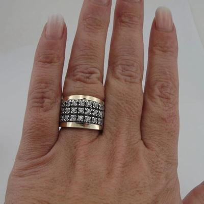 Anello largo in pietra bianca vintage a due toni con tre linee per donna e uomo, per feste di nozze, banchetti, gioielli retrò per anniversario