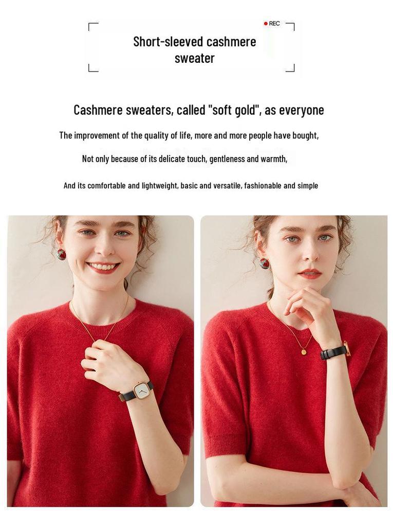 2025 Women's Early Autumn Cashmere Knit Short Sleeve Pullover - Versatile, Stylish Solid Color Sweater
