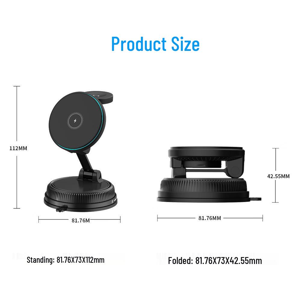 15W Magnetic Wireless Car Charger & Foldable Phone Holder with Suction Cup for Apple Devices