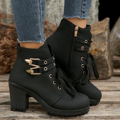 Women's Ankle Boots Winter Round Toe, Thick Heel High Heel Casual Short Boots Thick Sole High Heels Lace Up Women's Short Boots
