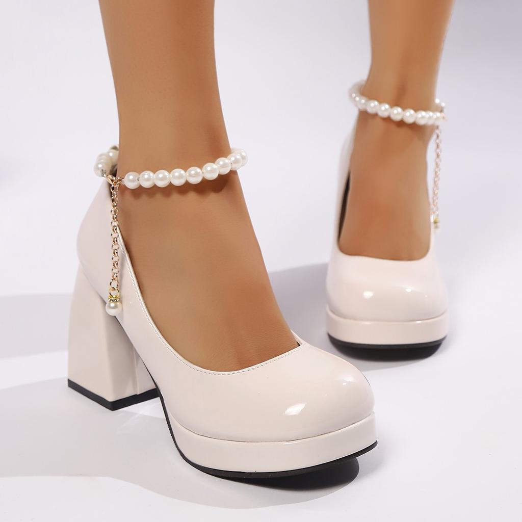 Fashion Chunky Platform High Heels Pumps Women Fashion Pearl Ankle Strap Party Shoes Woman Patent Leather Thick Heeled Mary Jane Shoes
