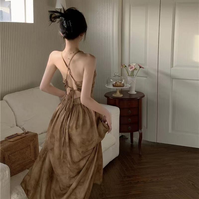 Coffee break French floral suspender dress women's summer sweet spice temperament waist seaside vacation beach long skirt