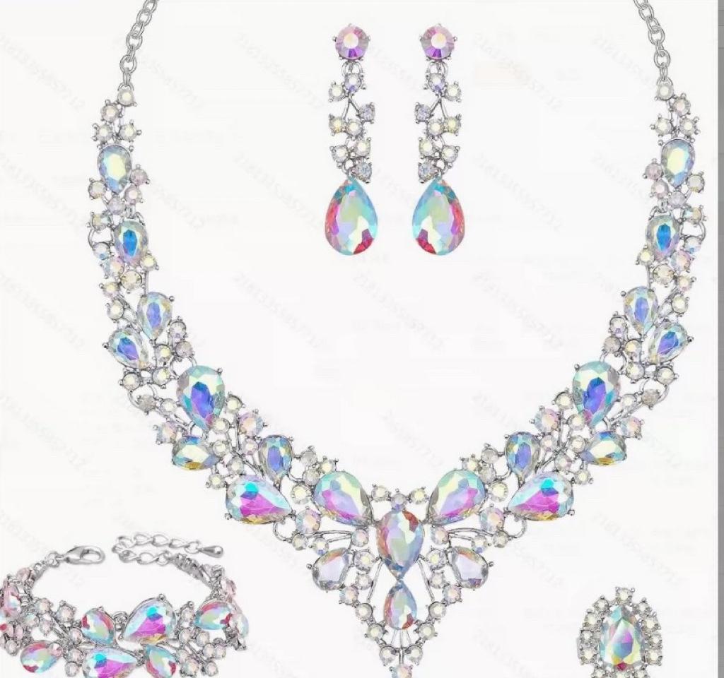 Set Colier Cercei Strass Cristal Mireasă Set Rochie Bal Banchet Doamne Set de Lux Patru Piese