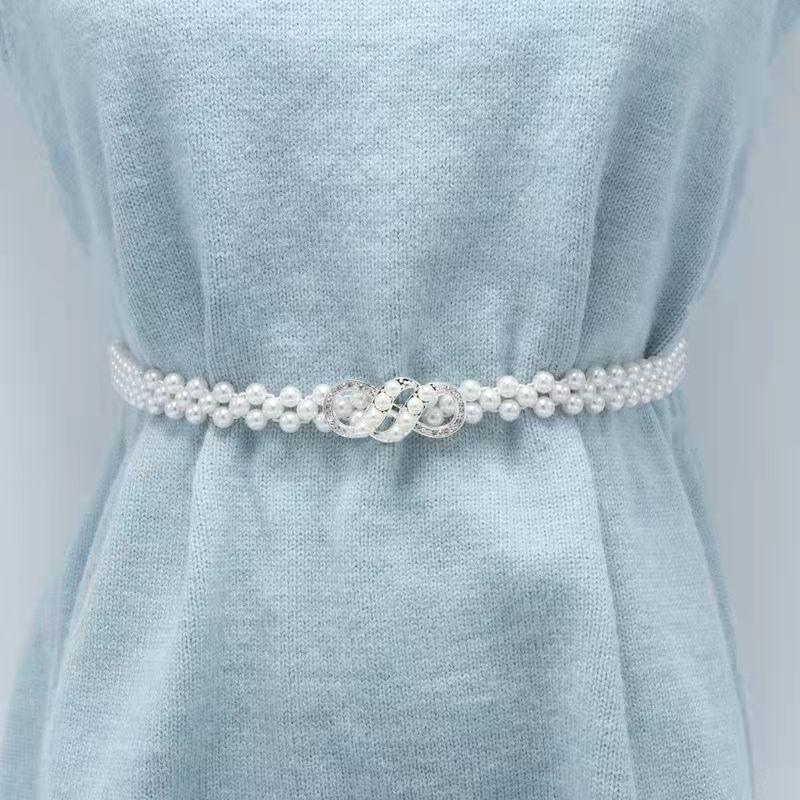 Women's Pearl Elastic Waist Chain for Hanfu and Korean Style Outfits - Versatile Woven Beaded Slimming Accessory
