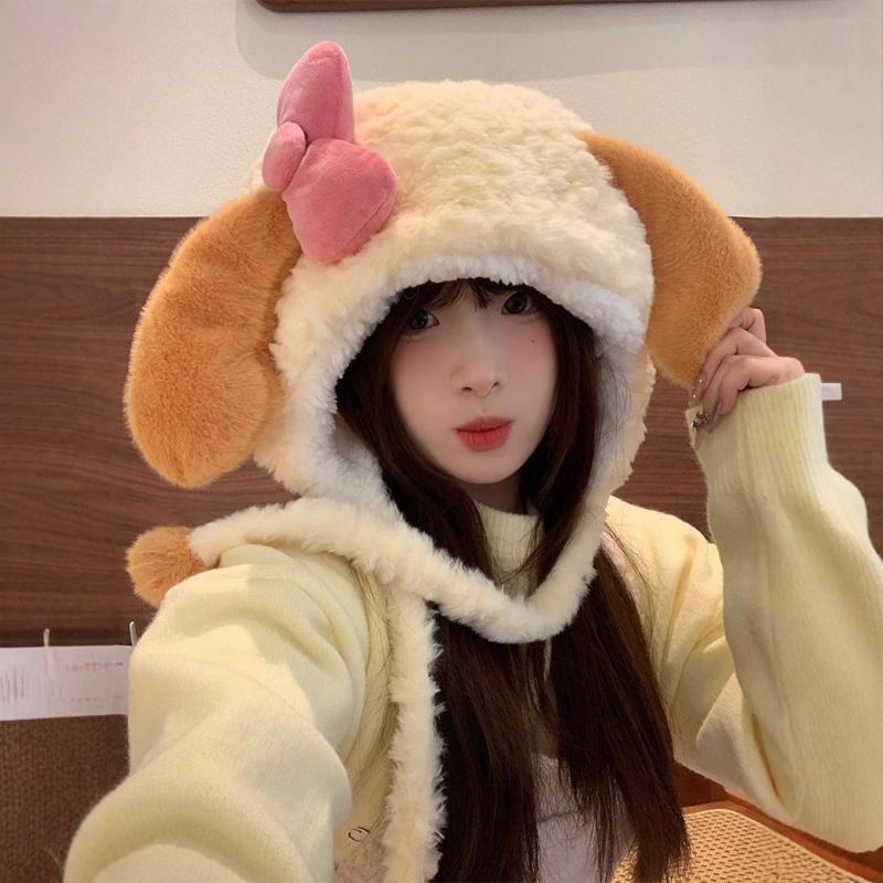 Plush Hat Kawaii Cartoon Anime Embroidery Accessories Ear Protection Hat Autumn Winter Thick Warm Hat