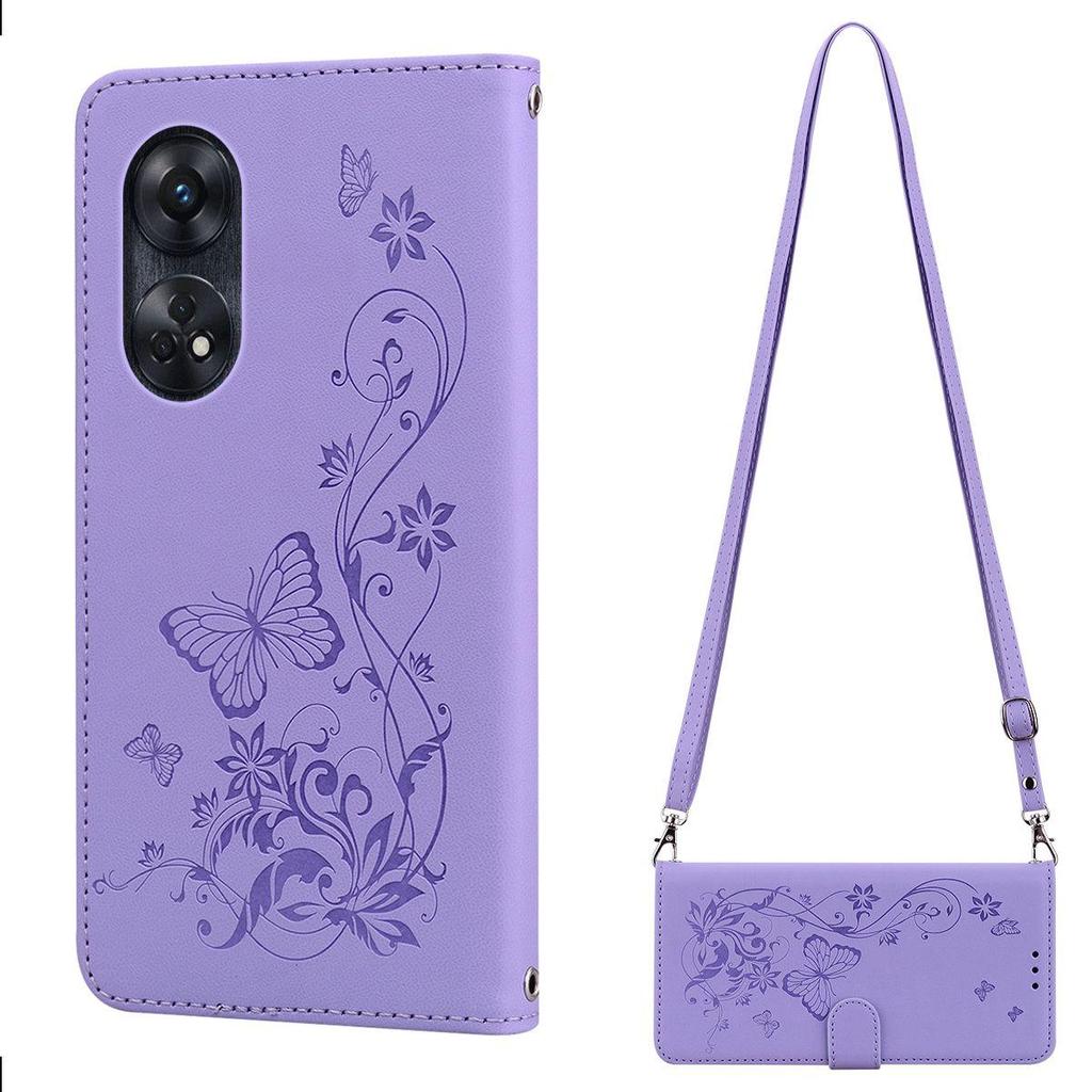 Elegante Schmetterling-Blumen-Flip-Leder-Handyhülle für OPPO Reno8 T 4G Mit langem Schultergurt und Handgelenkschlaufe Hülle