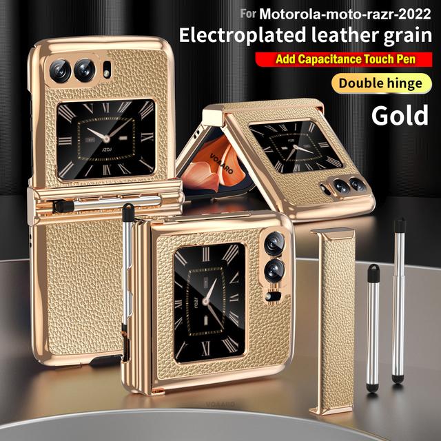 

Емкостная сенсорная ручка для Motorola Razr 2022, чехол с двойным шарниром и гнездом для ручки для Motorola Razr 3 2022, кожаный шарнир с покрытием, чехол For Moto Razr 2022 золотой