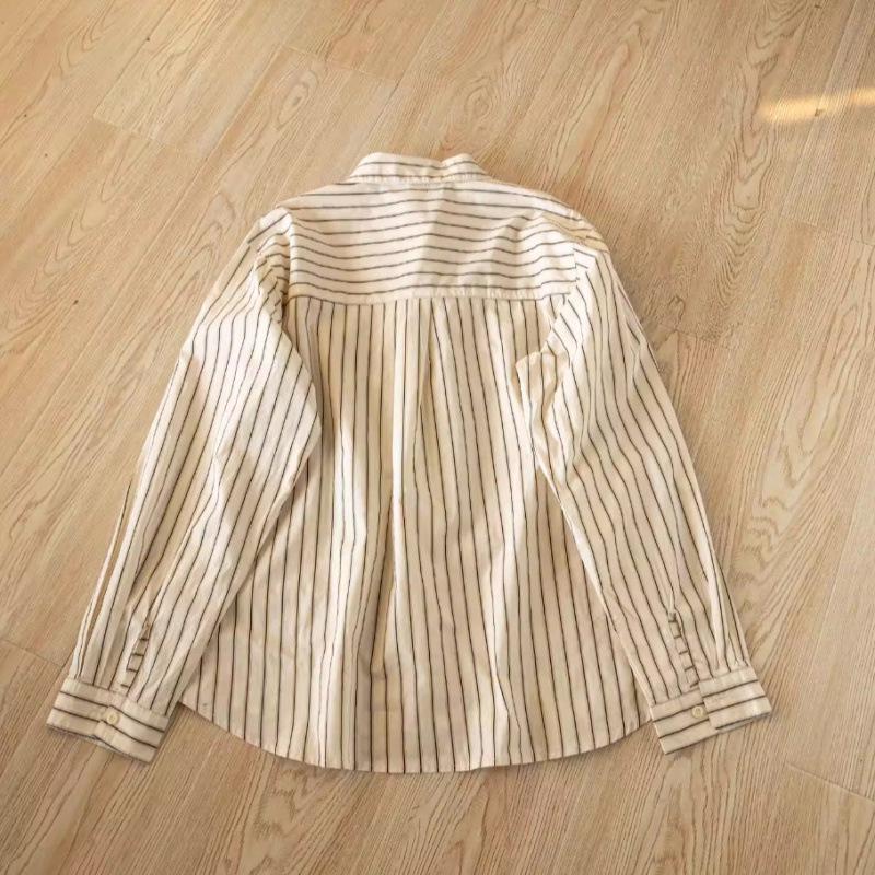 Spring 2026 Trendy Cartoon Cat Embroidered Striped Long Sleeve Lapel Shirt for Women