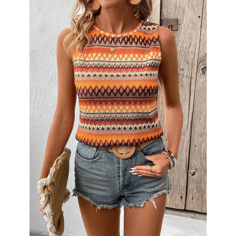Women's 3D Striped Printed Sleeveless T-shirt, Round Neck Off Shoulder Casual Elegant Vest, Y2K Sleeveless T-shirt, Women's Clothing