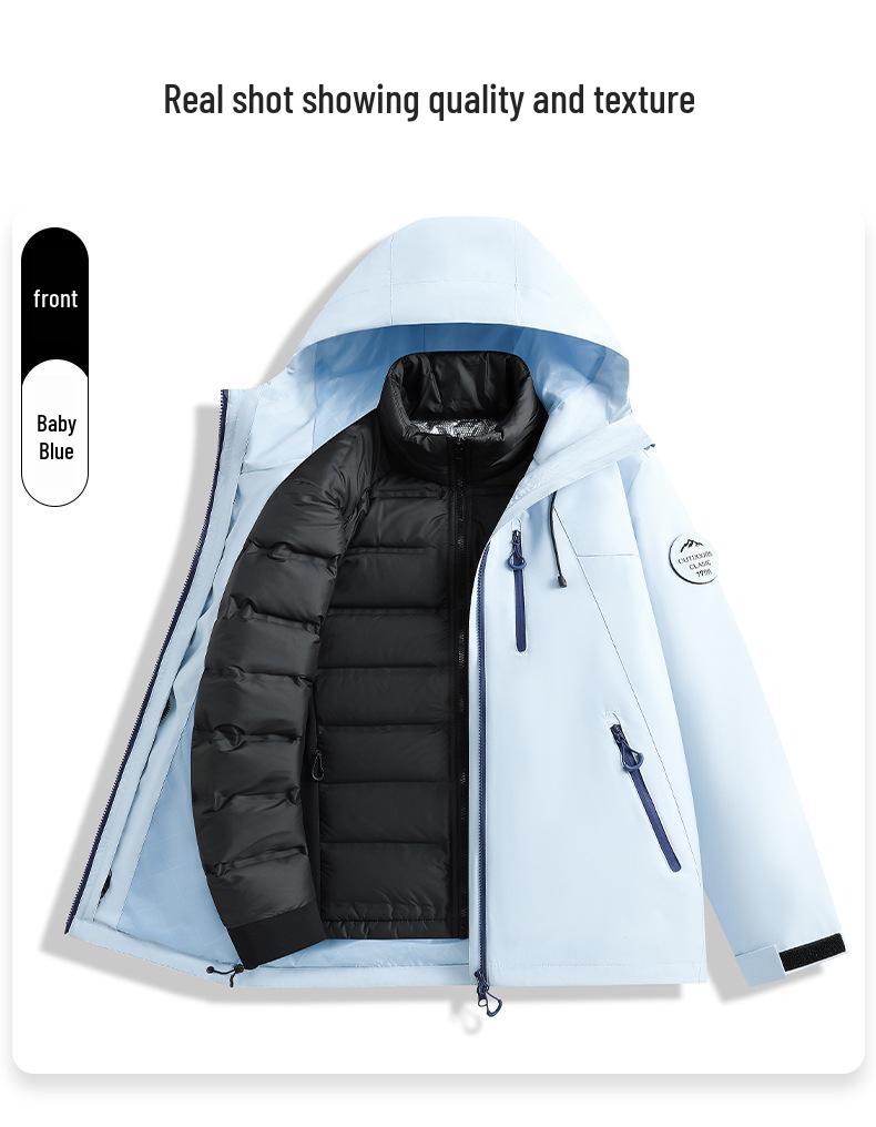 Men's and Women's Custom Outdoor Two-Piece Jacket Set: Three-in-One Shell with 90% Duck Down Lining and Print Logo.
