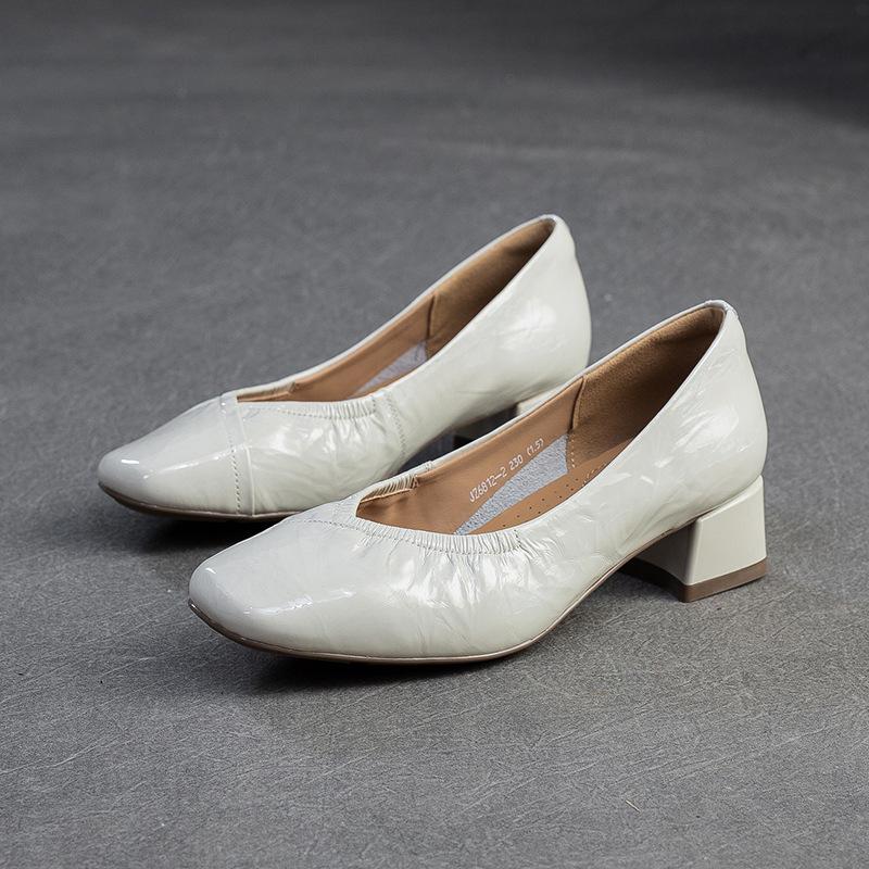 Johnature Square Toe Office Lady Pumps Genuine Leather Fashion Thick Heeled Slip-on Women's Shoes