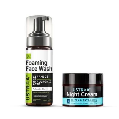 Zestaw Bright Night - Pianka do mycia twarzy - Do skóry wrażliwej - 150 ml | Utrzymanie wilgoci | z ceramidami i kremem na noc - De-tan