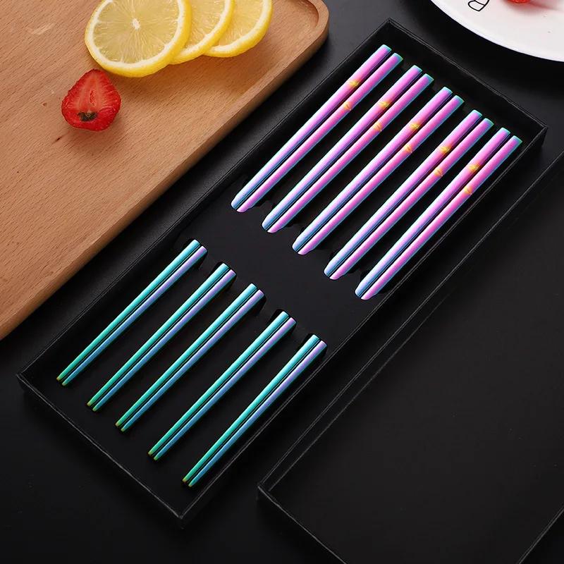 1 Pair Stainless Steel Chinese Chopsticks Non-Slip Reusable Metal Chopstick for Sushi Hashi Food Sticks Tableware Kitchen Tool