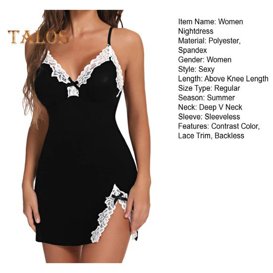 Lady Summer Nightdress Backless Deep V Neck Sleeveless Sleepwear Lace Trim Split Hem Spaghetti Strap Nightie Bedroom Honeymoon Wedding Night Slip