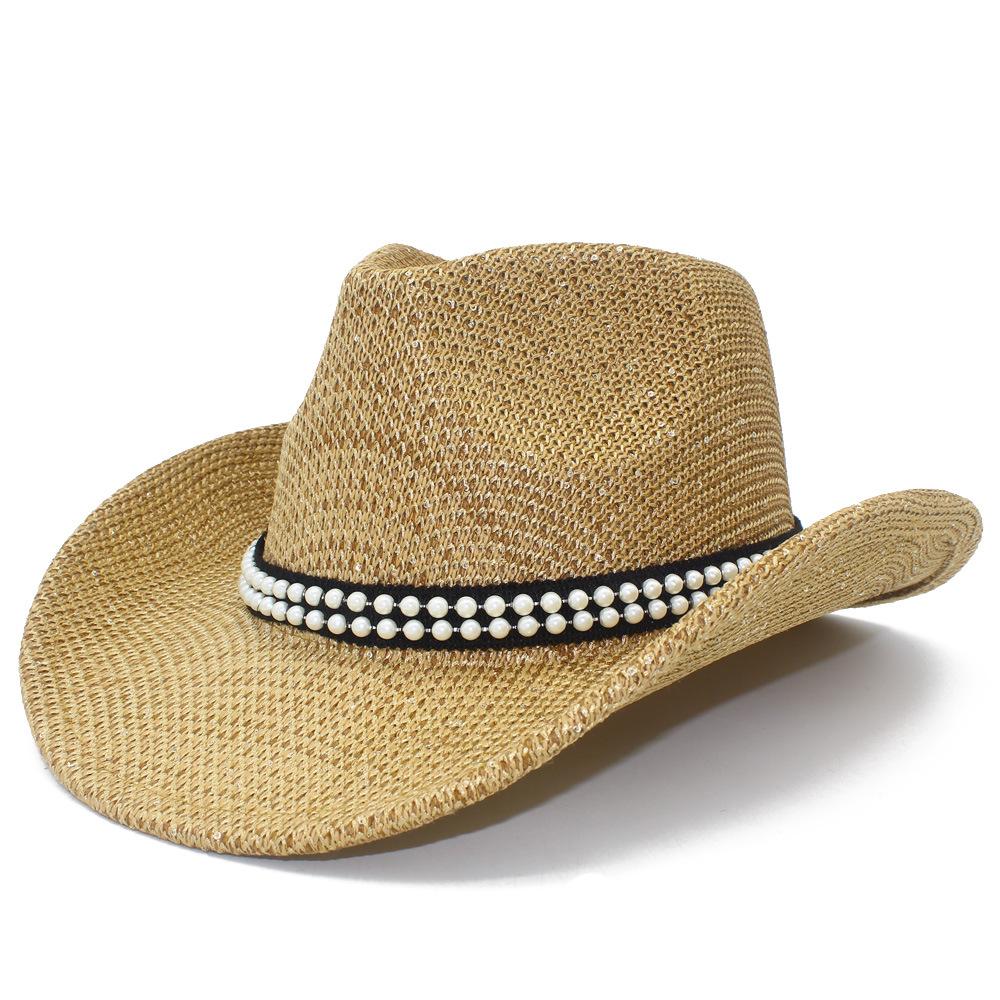 Spring and Summer Fashion Pearl Decorative Straw Cowboy Hat Elegant Big Eaves Curved Eaves Sun Hat Seaside Vacation Straw Hat