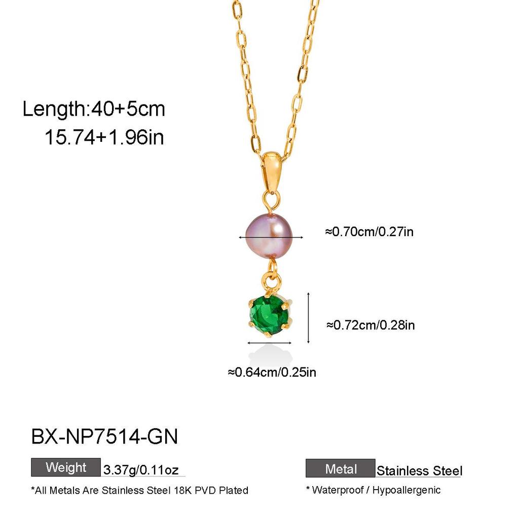 INS Style Luxury Hexagonal Gem Pearl Necklace with Titanium Steel Chain, European & American Fashion, 18K Gold Plated.