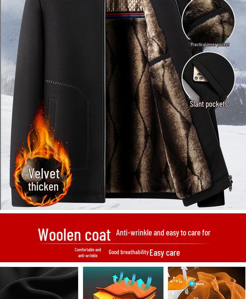 Woodpecker Dad Winter Fleece-Lined Wool Coat for Middle-Aged and Elderly Men, Warm and Thickened, Sizes for 50s to 60s.