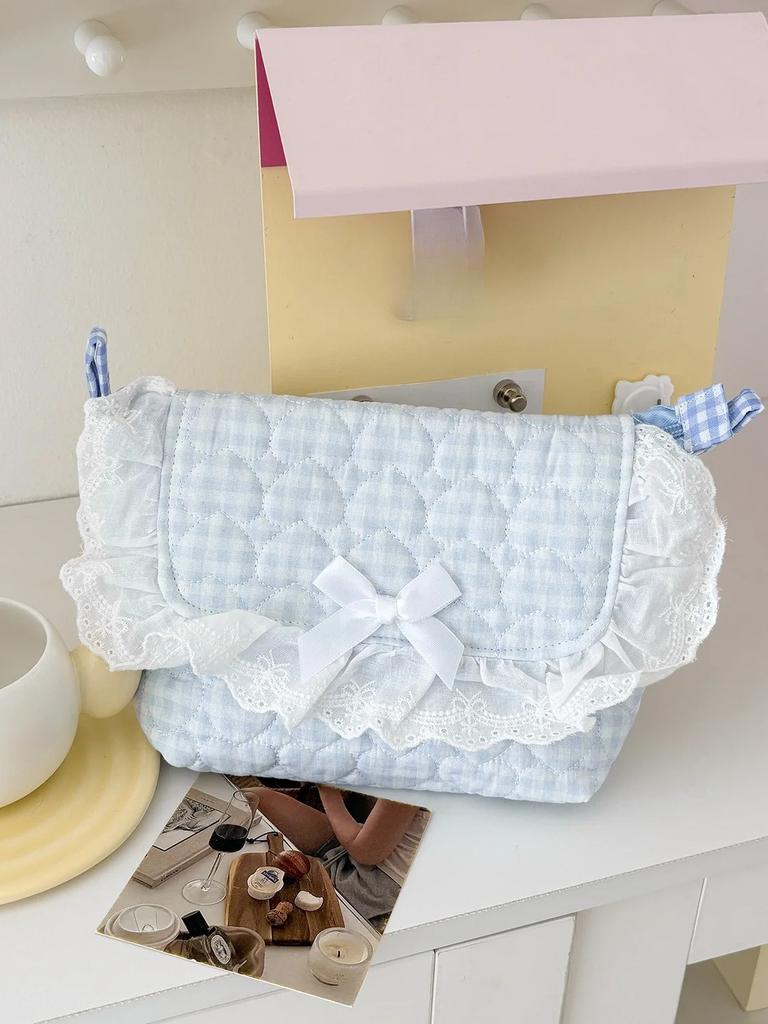 Cute Girls Quilted Cotton Crossbody Bag Outdoor Portable Student Ladies Storage Handbags Bow Lace Plaid Women Shoulder Bags