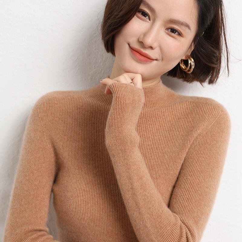 Autumn & Winter Slim-Fit Women's Ribbed Pullover Sweater - Half-High Collar, Casual & Versatile Fashion Base Layer