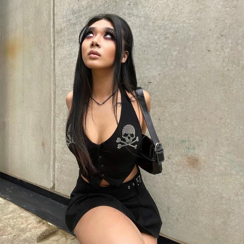 Streetwear Punk Strass Neckholder-Riemen ärmellose Weste sexy Tank Top Vintage Goth Ästhetik Sommer Mode Casual Camisole