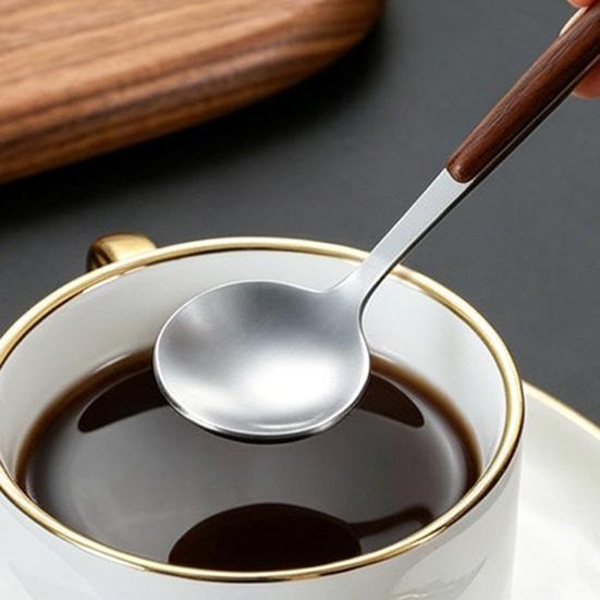 Kaffeskje i rustfritt stål med håndtak i trestruktur, Liten røreskje, Rustikk teskje for dessert og iskrem, Kjøkkenverktøy