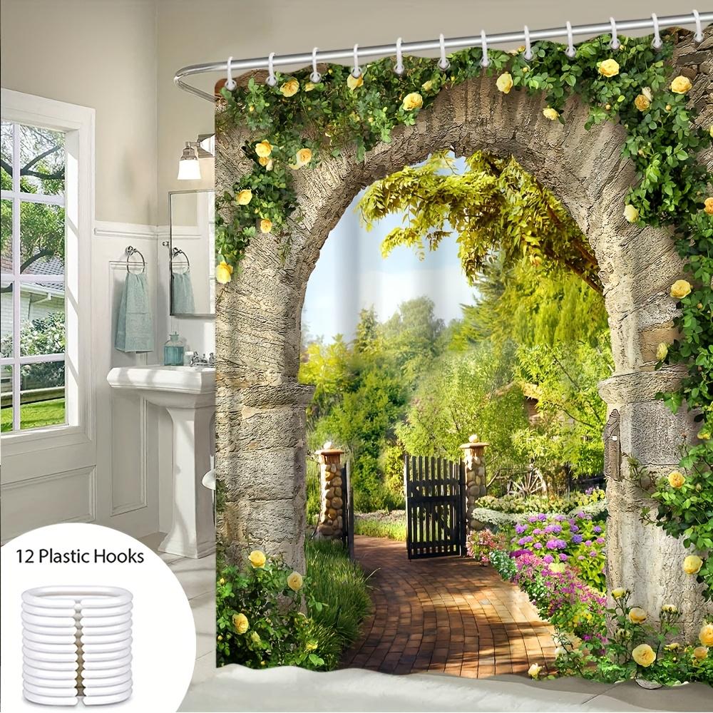 Enchanting Garden Arch Bath Curtain - Stone Archway & Lush Flowers; Waterproof Home Decor Adds Nature'S Beauty To Your Bathroom.