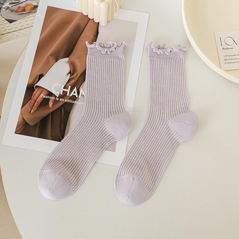 Ladies Summer Thin Wooden Ear Side Lovely Lace Vertical Bar Mesh Breathable Mid Tube Stack Socks