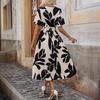 Summer Elegant Women Cross Neck Belt Floral Print Slit Maxi Dress Short Sleeve Mature Style French Retro Patchwork Slim Sexy Elegant Women Maxi Dress