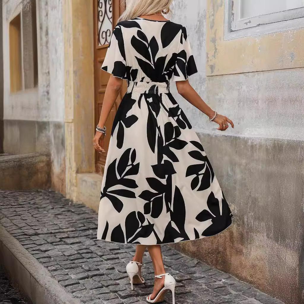 Summer Elegant Women Cross Neck Belt Floral Print Slit Maxi Dress Short Sleeve Mature Style French Retro Patchwork Slim Sexy Elegant Women Maxi Dress