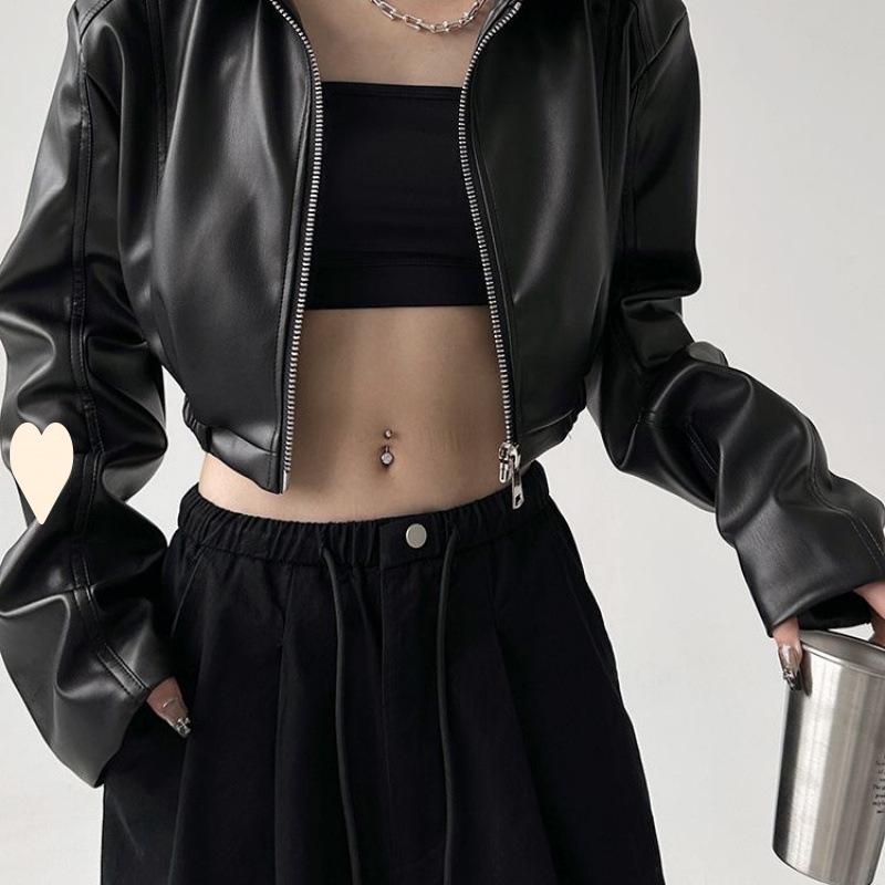 Women's American Retro Leather Jacket - Long Sleeve, Turn-Down Collar, 2025 Spring/Autumn, Sweet Cool Girl Motorcycle Style, Short Top