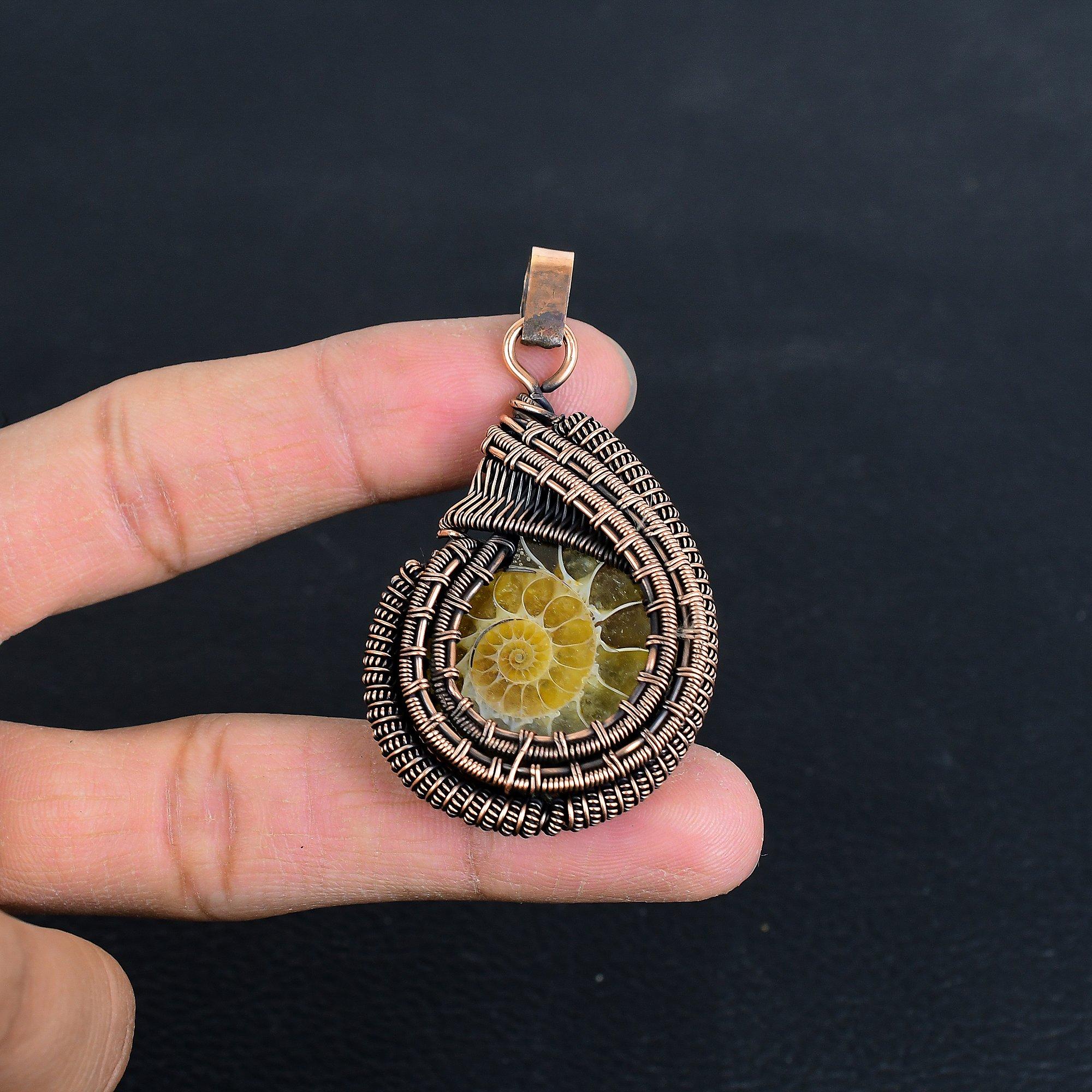 

Ammonite 999 Copper Wire Wrapped Pendant, Handmade Gemstone Jewelry Pendant For Memorial Day 2.55 Inches