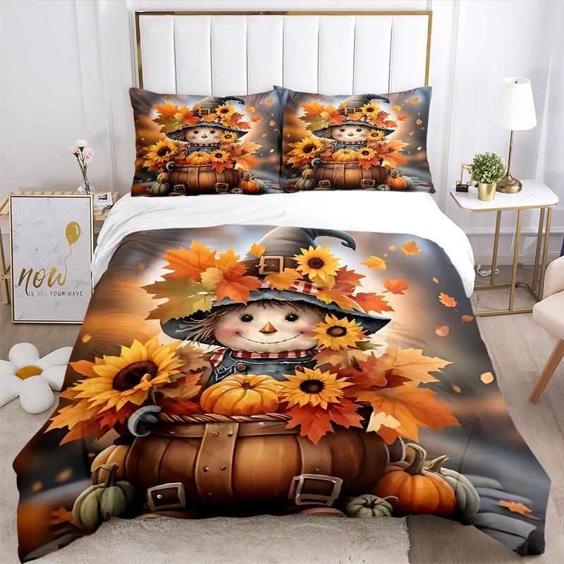 3pcs Autumn Harvest Scarecrow Bedding Set, Including 1 Quilt Cover and 2 Pillow Shams, Without Filling, Soft and Comfortable Home Bedroom Fa