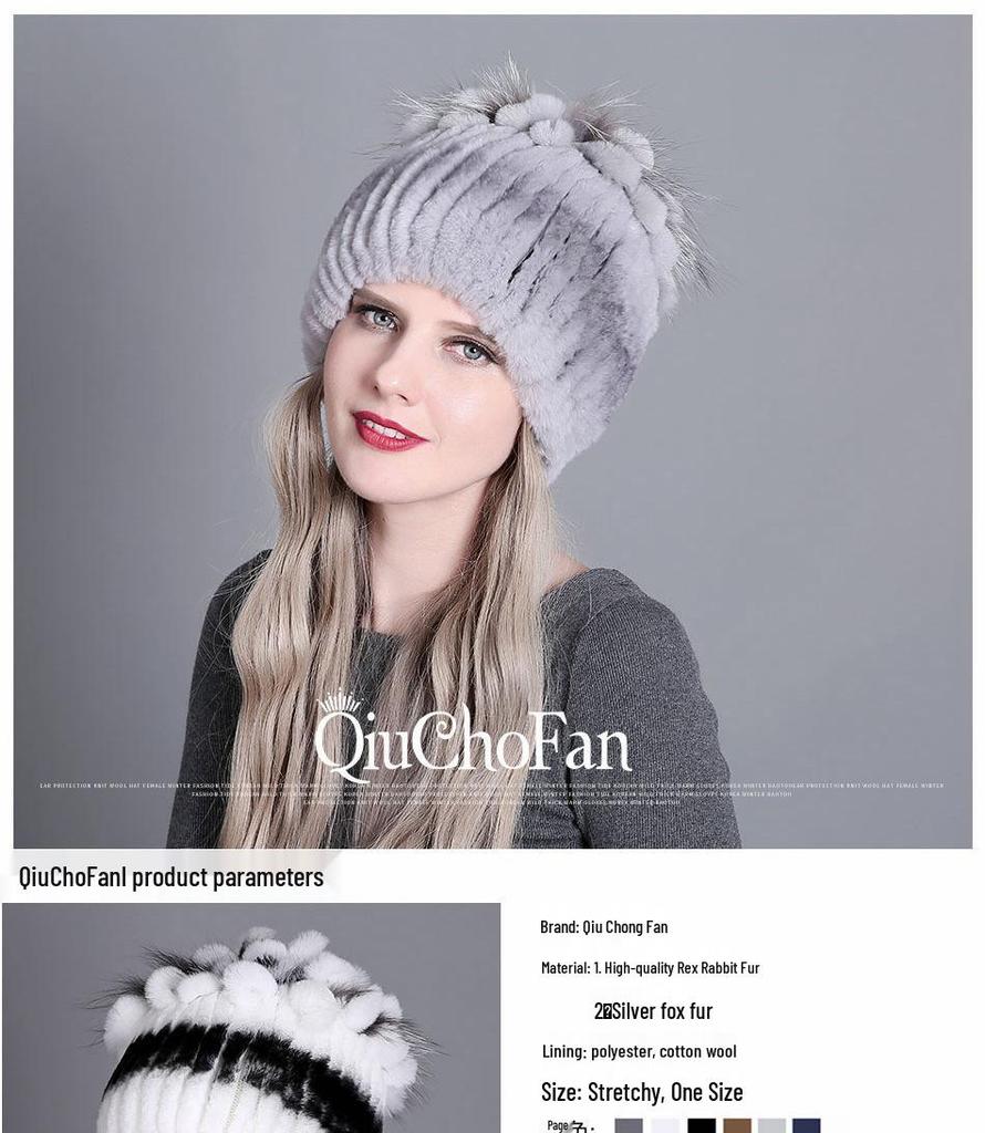 Colorful Rex Rabbit Fur Knitted Women's Warm Winter Hat