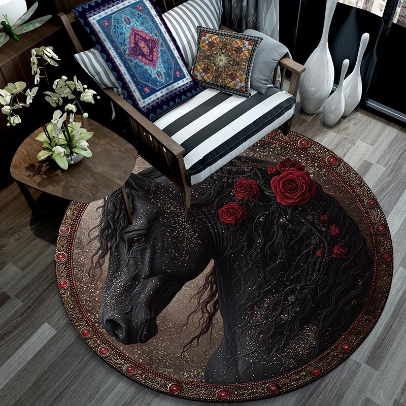 Schwarzes Pferd Runder Teppich, Teppich für Wohnzimmer Schlafzimmer Sofa Spielzimmer Dekor, Rutschfeste Fußmatte